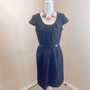 Olivia Matthews Black Cap Sleeve Midi Sheath Dress with Belt SZ 10P EUC